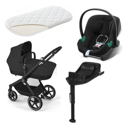 Cybex Eos Basic 3-in-1 Babytrage Schwarz + Adapter + Aton B2 I-Size Autositz Moon Schwarz + Base One + Tragematratze