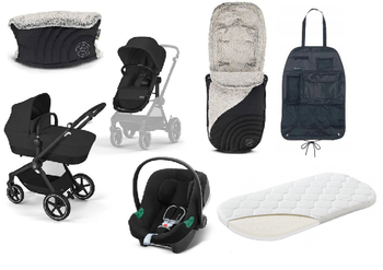 Cybex Eos Basic 3-in-1 Babytrage Schwarz + Adapter + Aton B2 I-Size Autositz Moon Schwarz + Zubehör